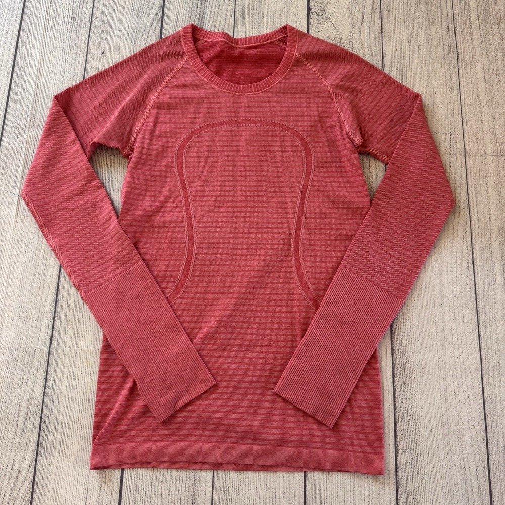 Lululemon Swiftly Tech Size 6 Pink Striped Long Sleeve Knit‎ Pullover Activewear